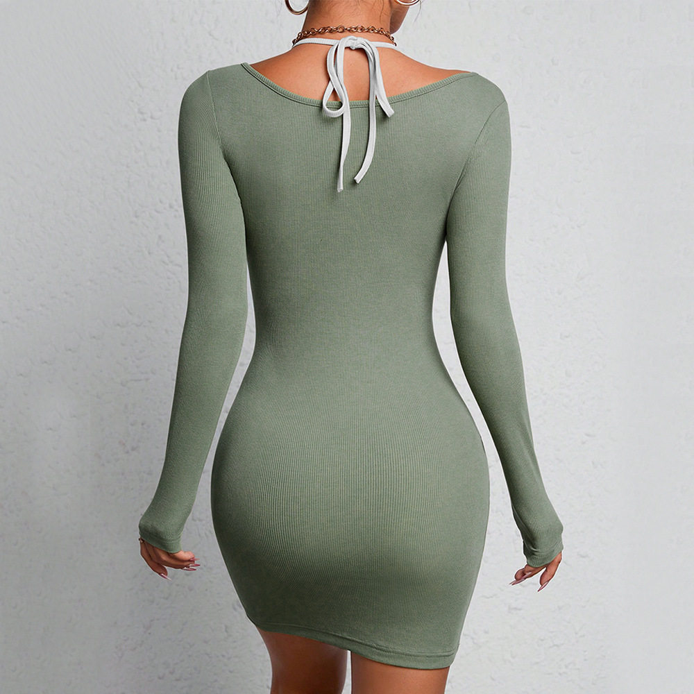 Long Sleeve Square Neck Dress Sexy Design Tie Waist Mid Waist Bodycon Fit Winter Fashion for Parties Wholesale