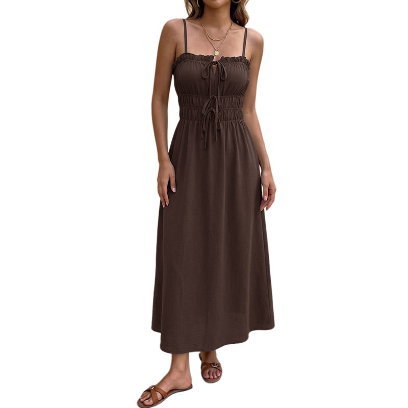 Simple Vintage Solid Color Drawstring Waist Cami Dress Elegant Design Comfortable Fit Perfect for Summer Events