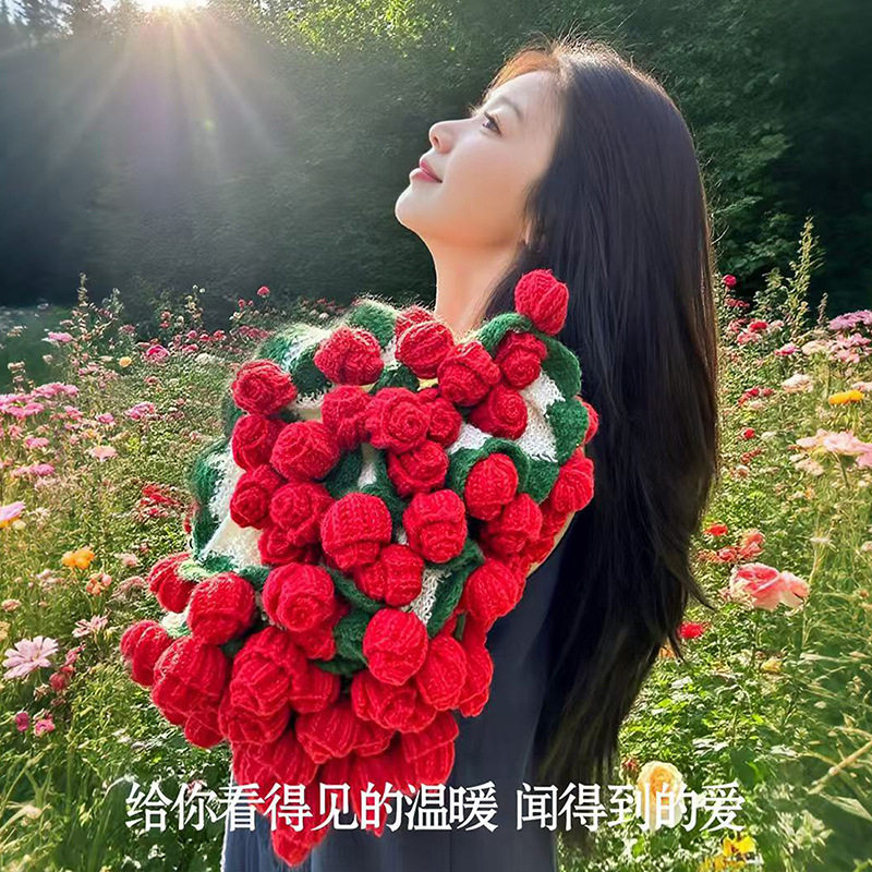 Woven Rose Bouquet Blanket, Yarn Nap Blanket, Handmade Blanket as a Gift for Girlfriend or Best Friend for Chinese Valentine's Day