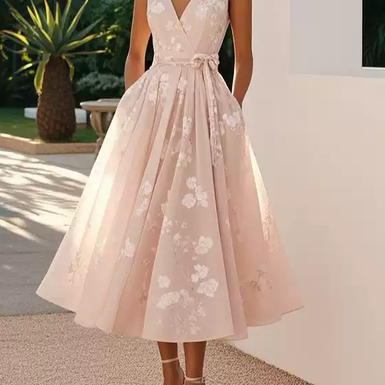Women's 2026 Summer Printed Sleeveless V-Neck Evening Party Dress - US/EU Cross-Border Amazon New Arrival