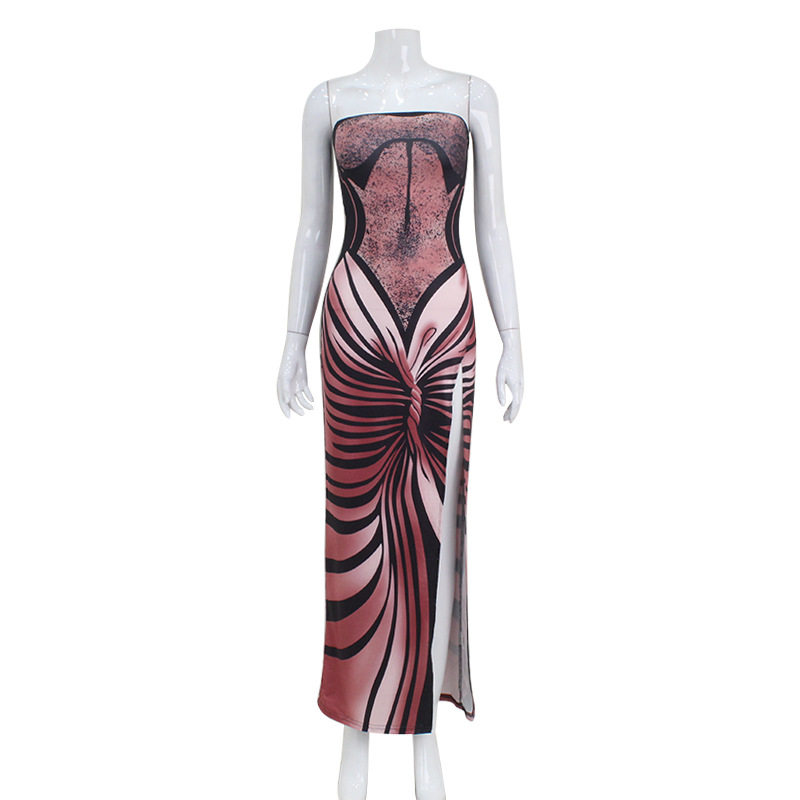 3D Printed Strapless Maxi Dress Spring Fashion High Slit Elegant Style Perfect for Parties and Events Wholesale