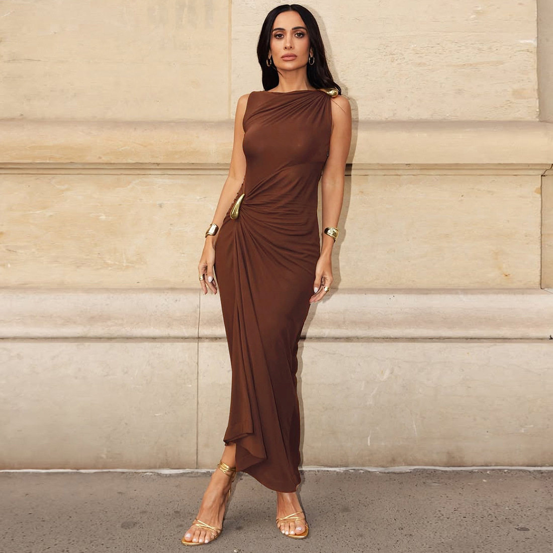 Sleeveless Bodycon Dress Solid Color Metallic Accents Side Slit Autumn Fashion for Women Wholesale Available