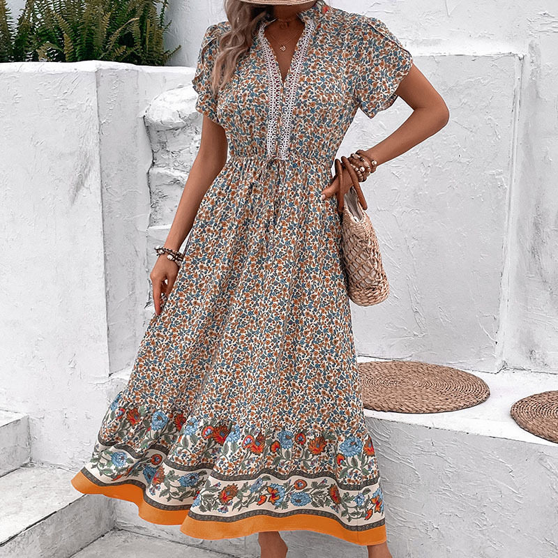 Floral A Line Dress Short Sleeve French Country Style Summer Fashion Wholesale Available customizable
