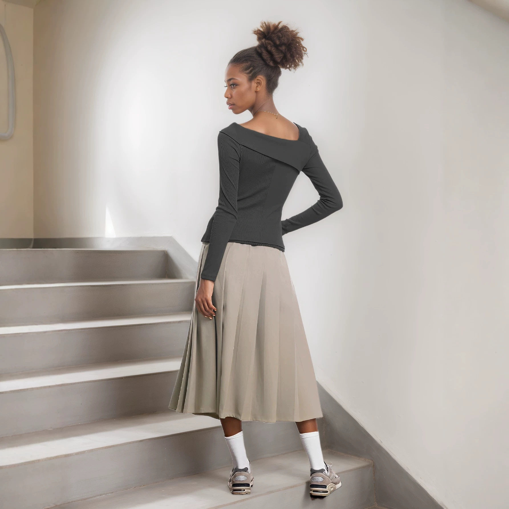 Womens Slim Fit Solid Color Irregular Long Sleeve T Shirt Elegant Versatile Korean Style Perfect for Casual Wear