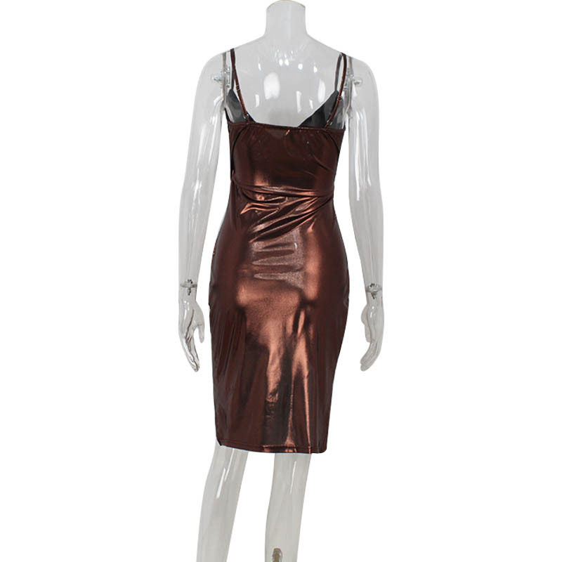 Bodycon V Neck Dress Sexy High Waist Gold Foil Detail Split Hem Sleeveless Evening Wear or Cocktail Party