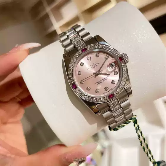 Trendy Hot-Selling Pink Dial Watch with Diamond-Encrusted Ruby Markers, Steel Band, Waterproof Quartz Women's Watch, Direct from Factory