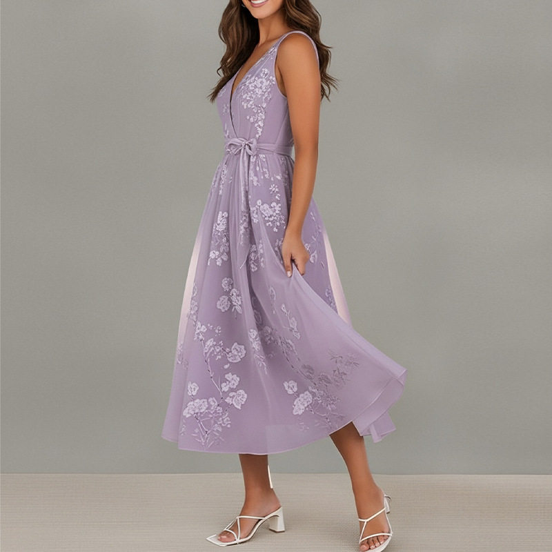 Elegant Floral Print Waist Tie Dress Spring Collection Womens Fashion Comfortable Fit Wholesale Available