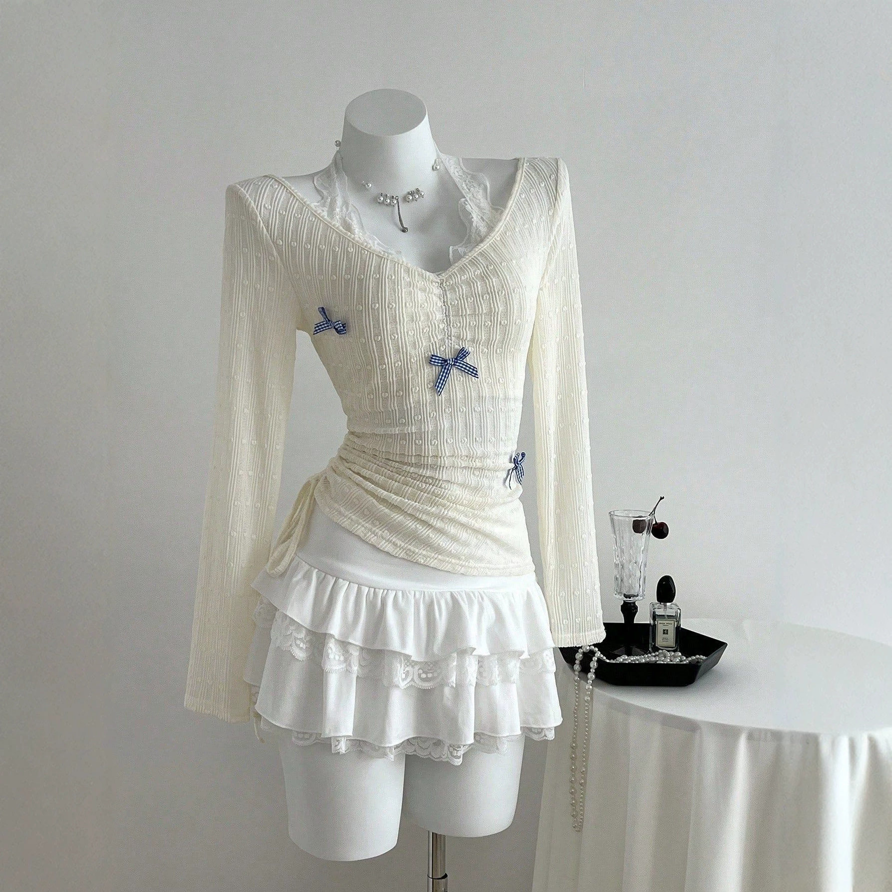 Lace Bow Tie Neck Long Sleeve T Shirt Slim Fit Elegant Design Comfortable Fabric Perfect for Casual Wear Ready to