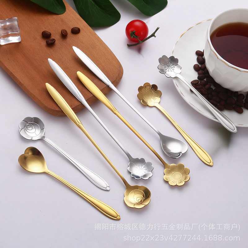 Stainless Steel Cherry Blossom Spoon Long Handle Coffee Stirring Spoon Creative Heart-Shaped Spoon Dessert Spoon Honey Spoon Bird's Nest Gift Spoon