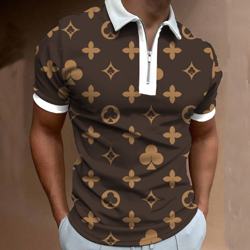 外贸亚马逊春夏新款男士翻领上衣数码印花时尚休闲拉链短袖Polo衫