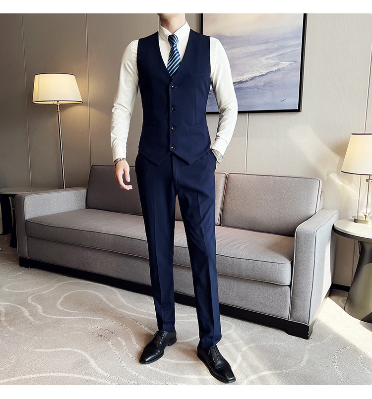 Bộ com-lê nam ba mảnh dáng ôm, áo vest một hàng khuy phong cách công sở — Màu xám (áo một nút + áo vest + quần), Màu xanh (áo một nút + áo vest + quần), Màu đen (áo một nút + áo vest + quần), Màu xanh navy (áo một nút + vest + quần)