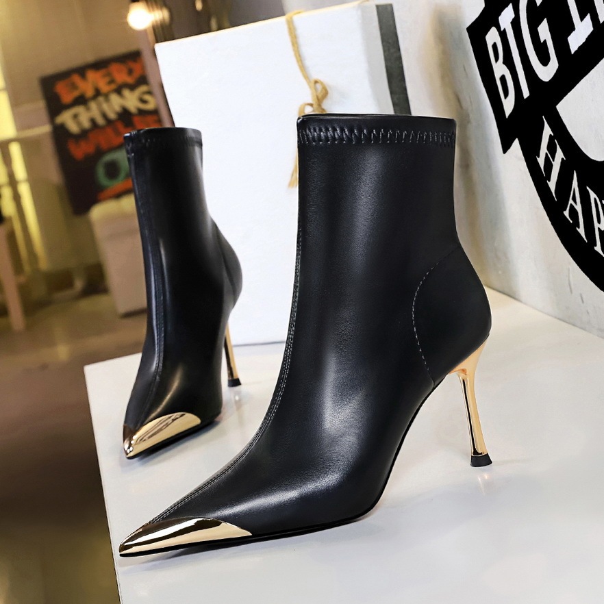 Boot nữ cổ thấp gót nhọn siêu cao mũi nhọn kim loại phối khóa kéo — 319-11 đen 8cm, 319-A11 Cà phê 5cm, 319-A11 đen 5cm, Màu nâu 319-11 8cm