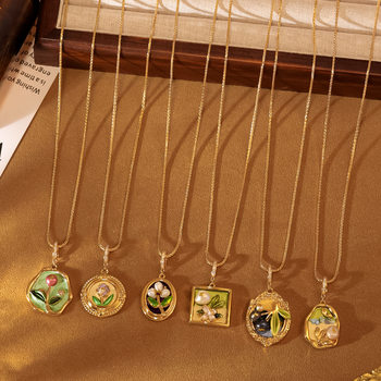 Ani Beni New Oil Painting Color-Blocking Three-Dimensional Inlaid Necklace Women's Pendant Fashion Design Natural Pearl Pull Chain