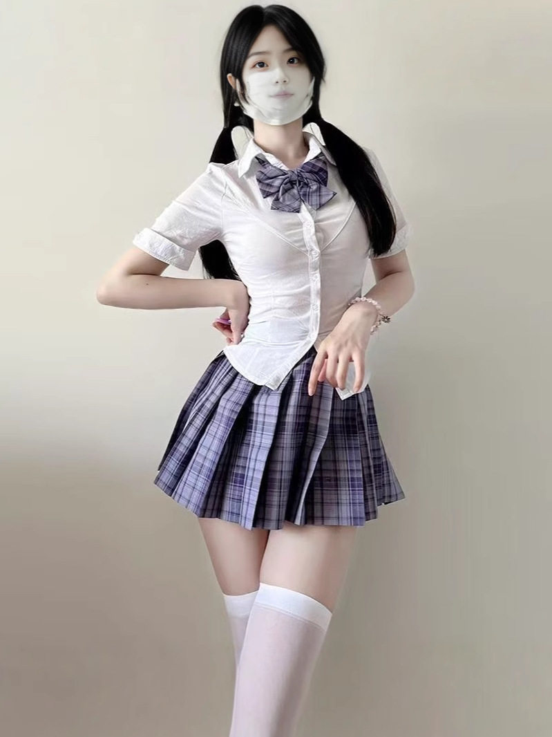 Suit Jk Uniform Shirt Waist Slimming Look Two-Piece Pleated Skirt Preppy Style Puff Sleeve Pure Lust Style Skirt