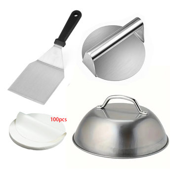 Stainless Steel Steak Cover Thickeneded Western Restaurant Western Food Cover Handle Steak Cover Hemispherical Cover Burger Press Set
