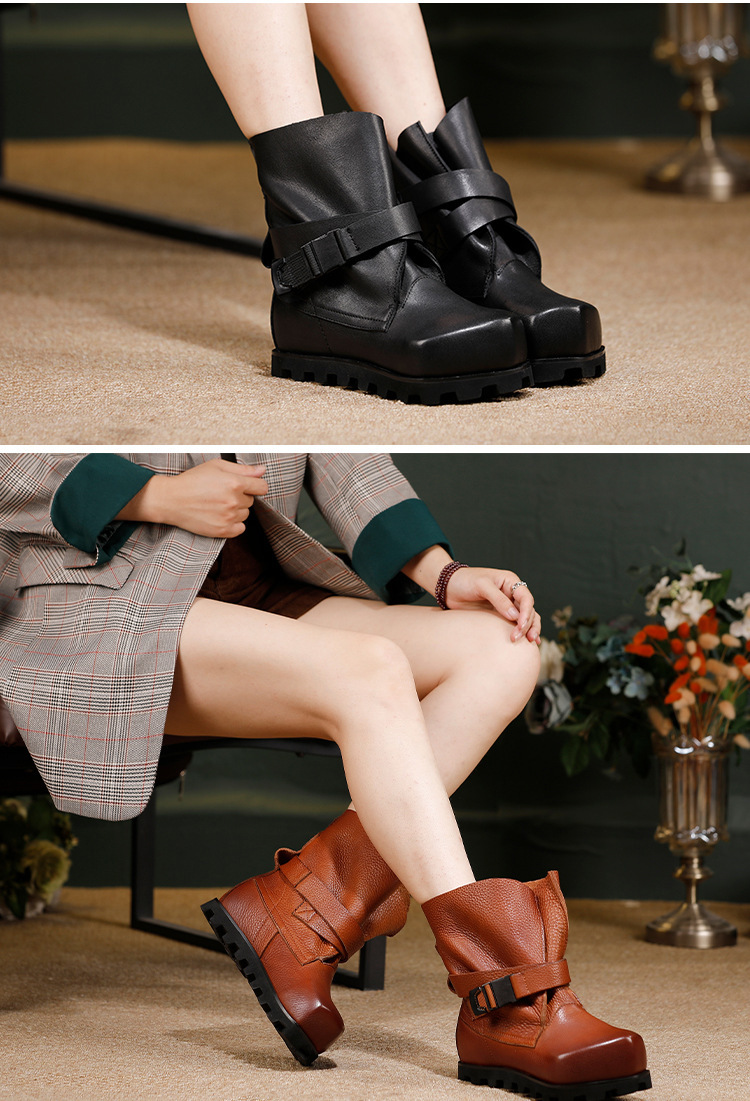 Boot nữ cổ ngắn da bò thật phong cách cổ điển — đen, màu nâu