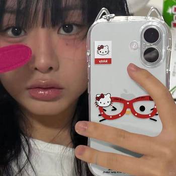 Red Glasses Kt Cat Ears Suitable for Apple 16 Mobile Phone Case Iphone15Promax/14/13/12 Anti-Fall Xr