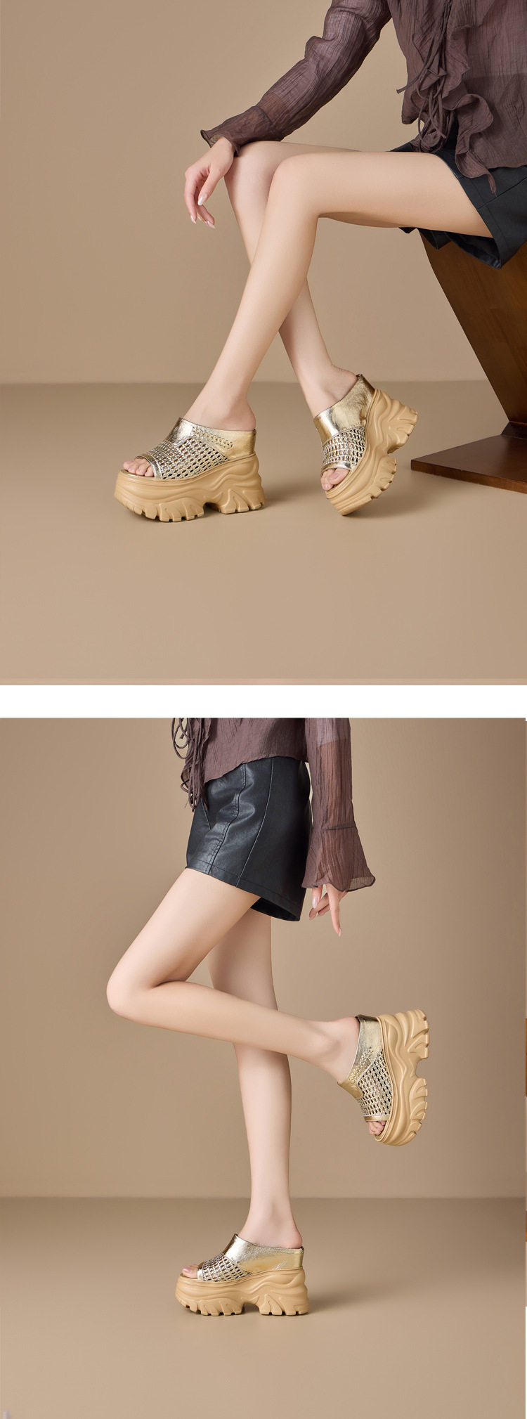 Dép sandal nữ quai ngang đế xuồng cao 13cm, tăng chiều cao, phong cách thời trang — [Trắng kem], [Bạc], [Vàng nhạt], [Đen] chi tiết 3