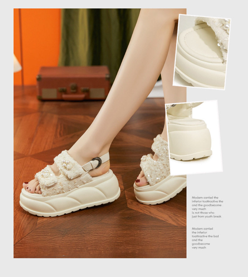 Dép sandal nữ xỏ ngón đế bệt quai Velcro phong cách biển — Đen, Bạc, Len nguyên chất chi tiết 2