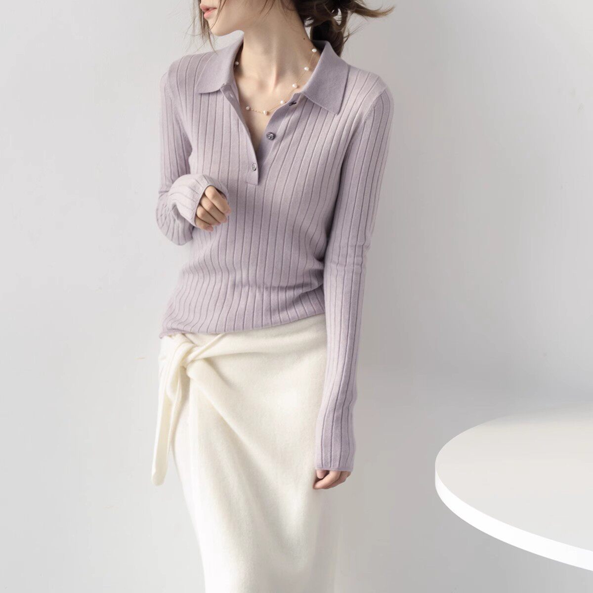 MZOXMO气质polo领优雅大方澳洲美丽诺羊毛竖条纹针织衫女春秋毛衣