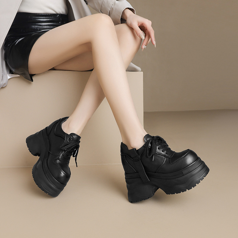 Giày sneaker nữ da bò thật đế dày tăng chiều cao 12cm dáng dad shoes buộc dây — Màu đen, Màu trắng