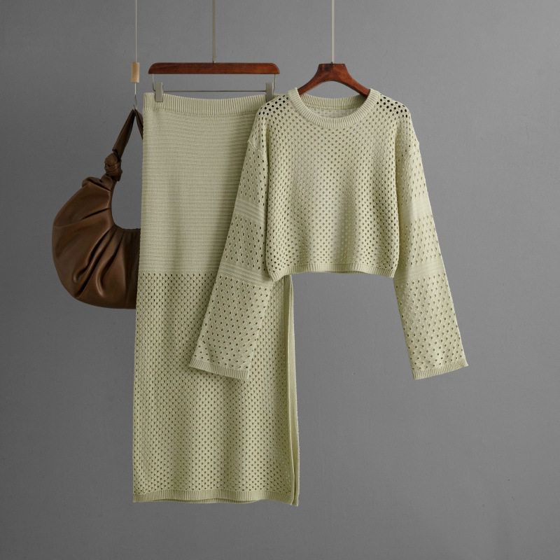 欧美跨境女装2024新款夏季镂空针织衫长款半身裙时尚两件套裙装