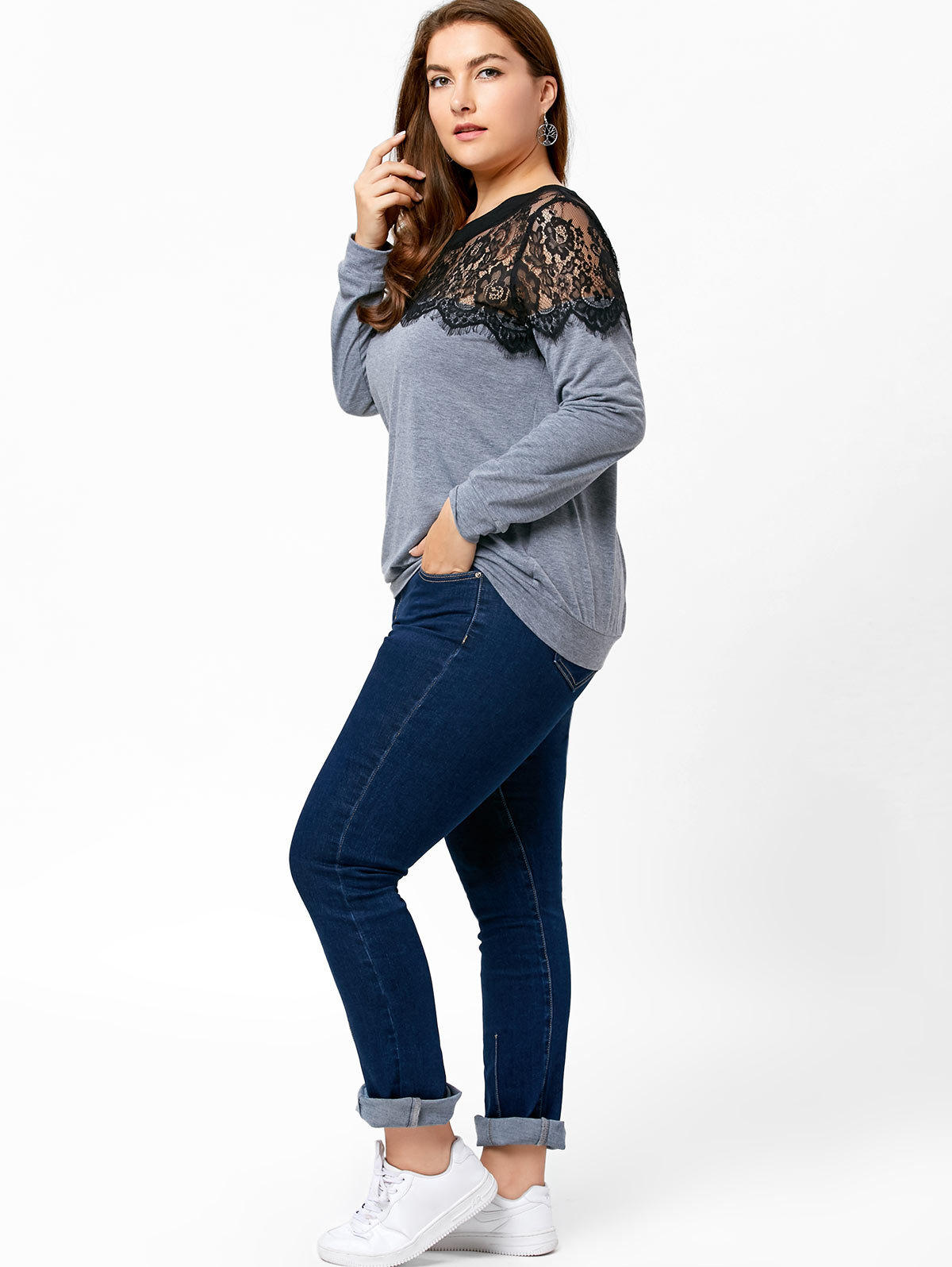 Plus Size Long Sleeve Lace Panel T Shirt Round Neck Stylish Design Comfortable Fabric Casual Wear Wholesale