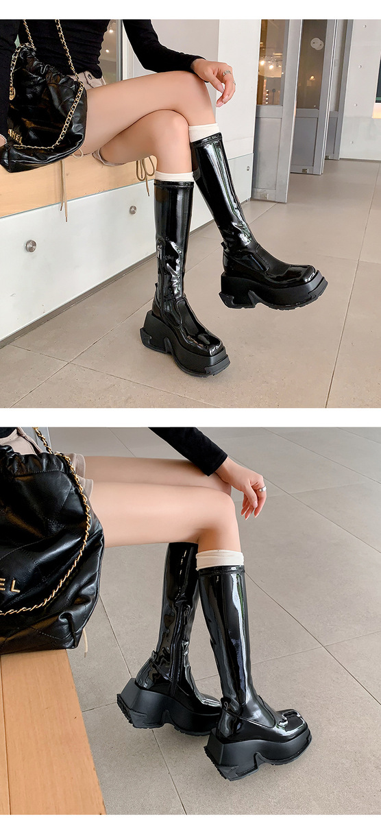 Boot nữ cổ cao ôm bắp chân gót vuông 9cm tăng chiều cao, đế dày chống trượt — Da sáng chế màu đen lót nhung ống nhỏ, Lót nhung ống nhỏ màu be, Màu đen bằng sáng chế da ống nhỏ bên trong, Màu đen da bò ống nhỏ lót một lớp