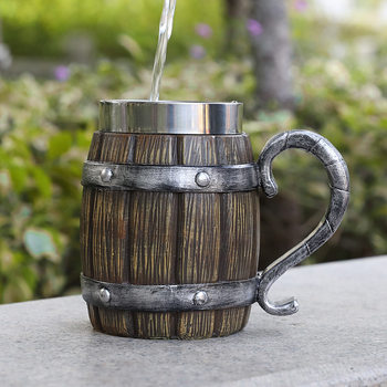 Cross-Border Creative Stylish Retro Fun Wooden Barrel Beer Mug Large Capacity 304 Stainless Steel Resin Mug Wine