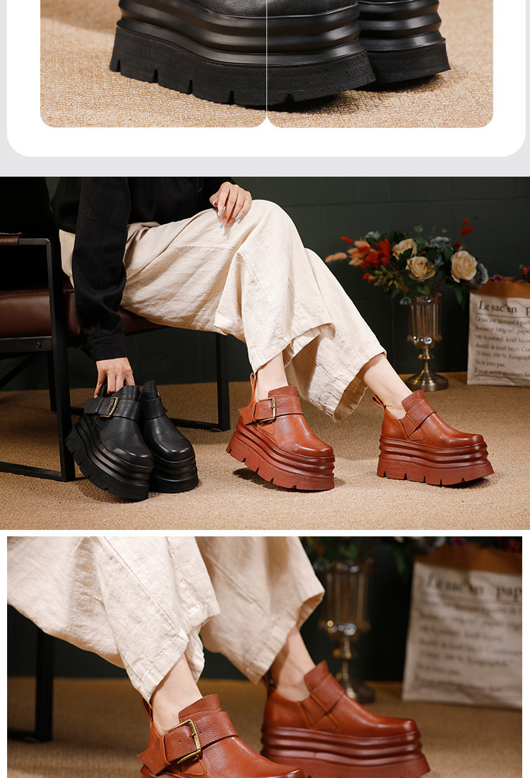 Boot nữ cổ thấp da bò thật đế cao su đúc liền khóa kéo bên hông — đen, nâu