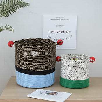 Large Capacity cute cotton rope woven storage basket ball handle three-color stitching laundry basket children's toy storage basket