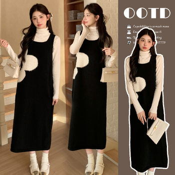 In Stock 2025 Autumn and Winter Set Korean Style Loose Thickened Maternity Sweater Vest Dress Turtleneck Sweater Maternity Two-Piece Set
