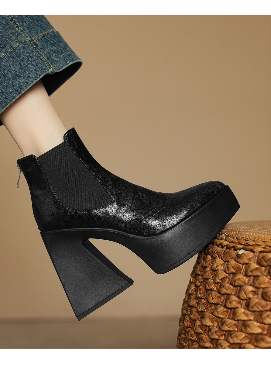 Boot nữ cổ thấp gót thô mũi nhọn phong cách Chelsea — Màu đen lót một lớp, Màu đen lót nhung, Màu nâu lót một lớp, Màu nâu lót nhung