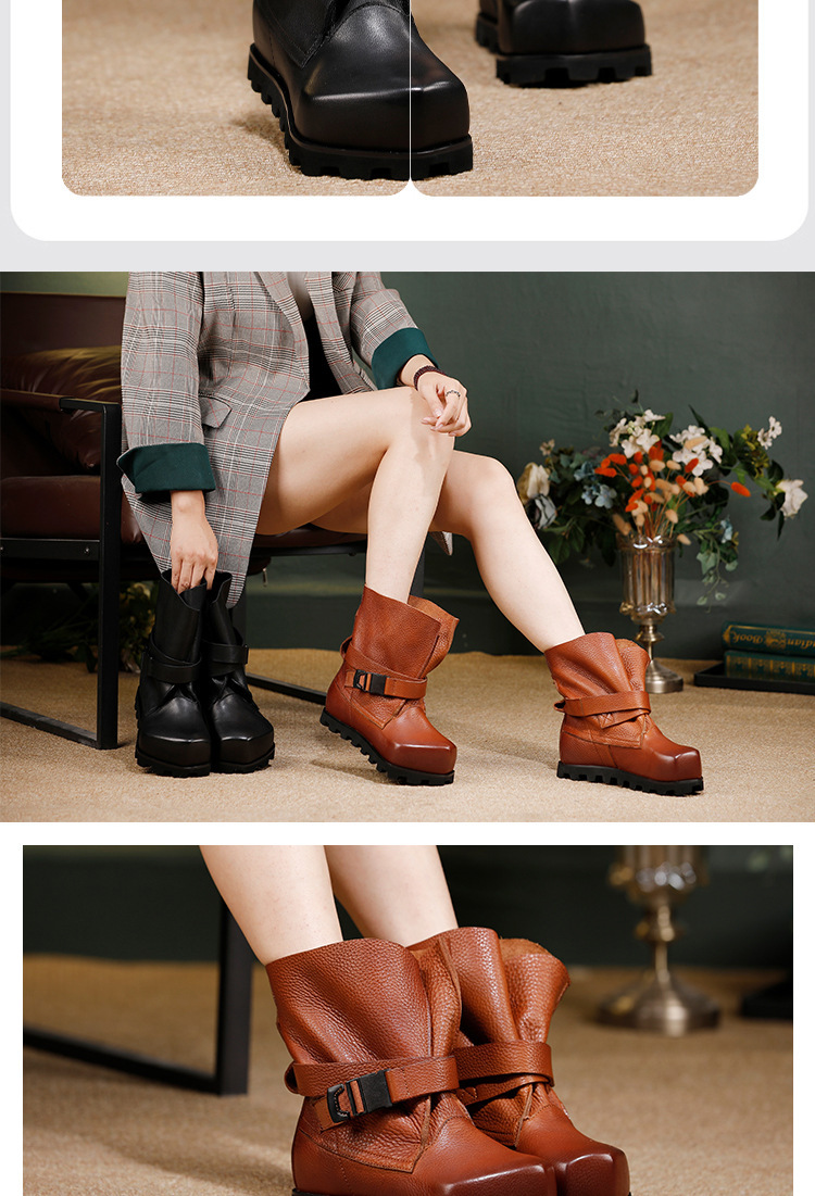 Boot nữ cổ ngắn da bò thật phong cách cổ điển — đen, màu nâu
