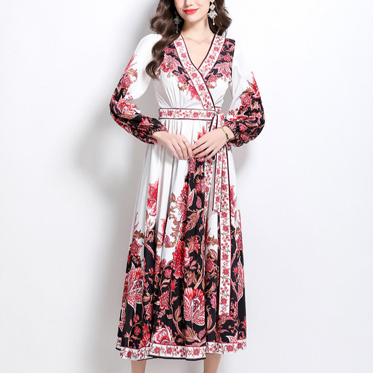 Vintage Floral Print Maxi Dress for Women Cross V Neck Waist Tie Lantern Sleeves Elegant Evening Wear Wholesale