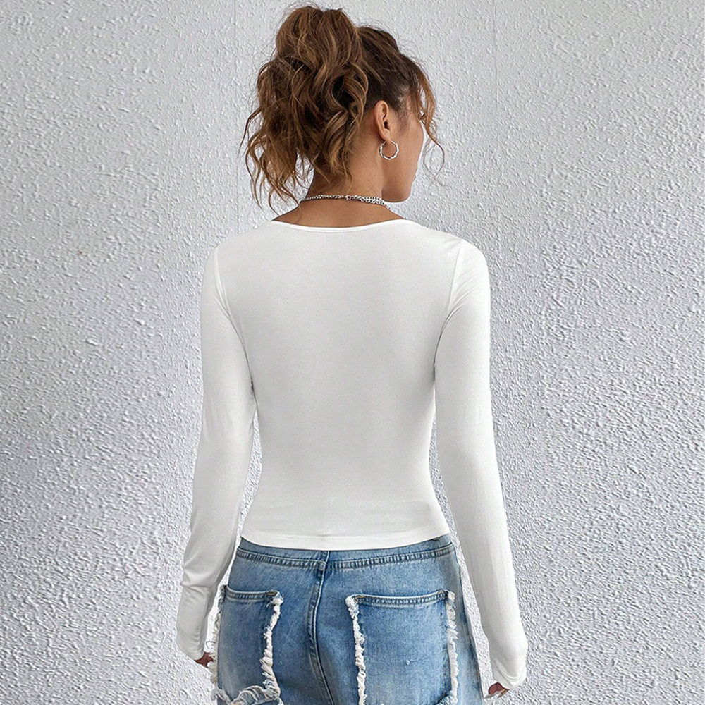 Slim Fit Long Sleeve T Shirt Square Neck Solid Color Casual Style Spring Summer Collection Wholesale Available