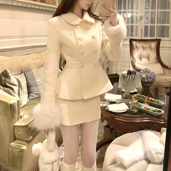 Rich and Elegant Ladylike Small Fragrance Suit for Women in Autumn and Winter, Waisted Woolen Outwear, High-Waisted Skirt, Two-Piece Set