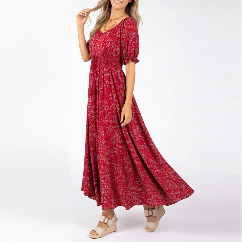 Elegant Floral Print Puff Sleeve Dress Spring Collection Waist Defined Silhouette Suitable for Casual or Formal