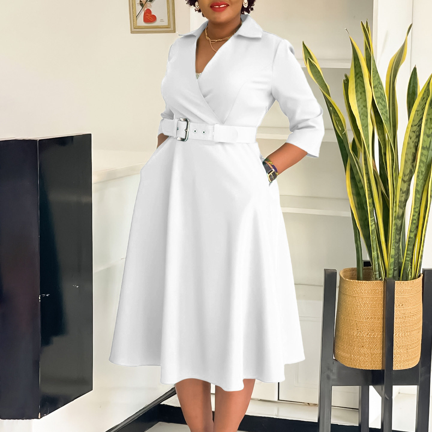 Plus Size Womens Dress Autumn Collection Stylish Lapel Design Solid Color Flared Skirt Wholesale Availability