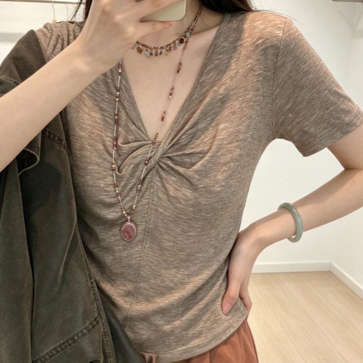 Áo thun nữ cổ chữ V thắt nút trước ngực, tay ngắn dáng suông — Màu trắng, Màu xám nhạt, Màu yến mạch, Xám hoa