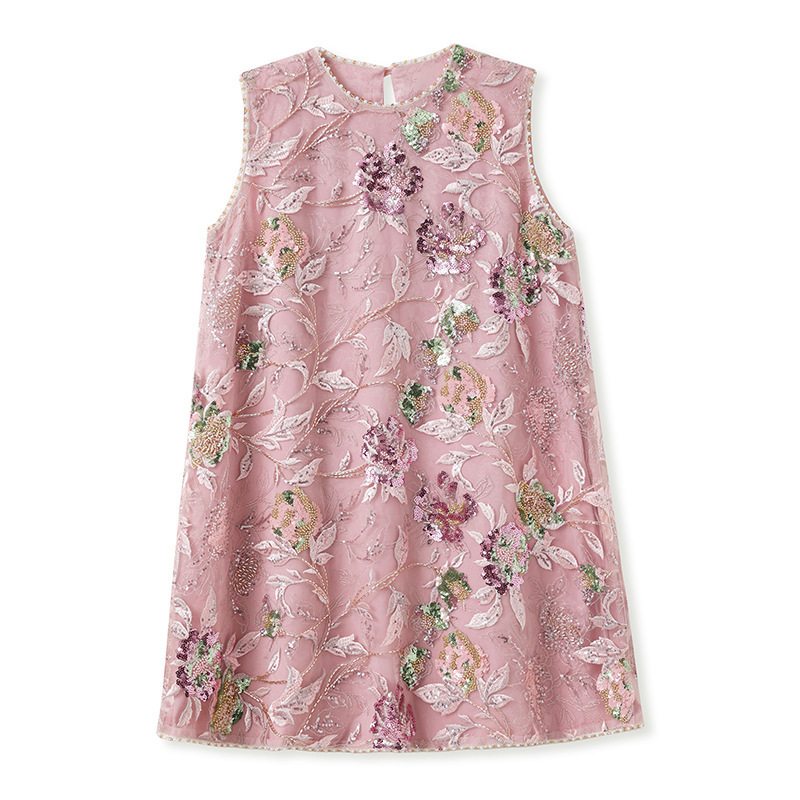 Đầm liền thêu cao cấp không tay dáng chữ A phối sequin lấp lánh — Bột Begonia (giao hàng trong 7 ngày), Bột Begonia (phát hành trong cùng ngày)