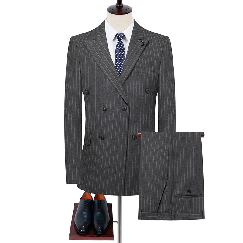 专柜双排扣西服套装男韩版修身商务伴郎服装绅士结婚礼服条纹正装