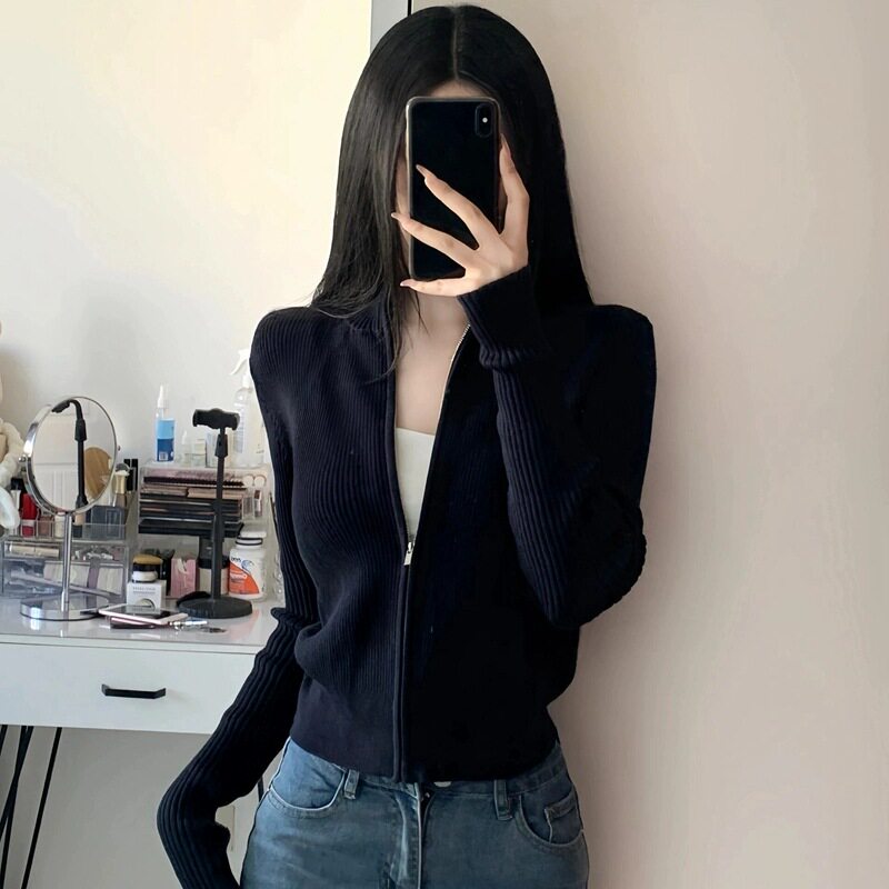 【黑标系列 极简风 韩单客订柔软美丽诺羊毛双开拉链针织衫女时髦