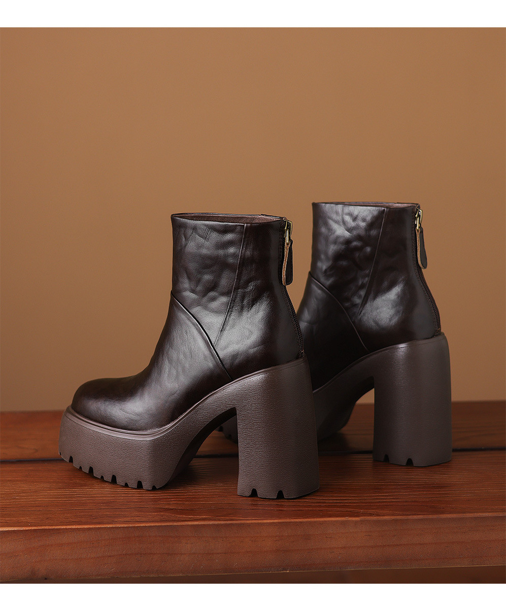 Boot Martin nữ gót thô 12cm đế platform tăng chiều cao, da bò thật — Lớp lót đơn màu đen, Lớp lót đơn màu nâu, Lót nhung đen, Lót nhung màu nâu