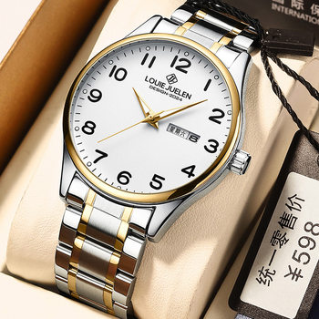 Cross-Border Foreign Trade Large Dial Luminous Steel Band Elderly Couple Watch Dual Calendar Waterproof Quartz Watch Men's Watch Wholesale