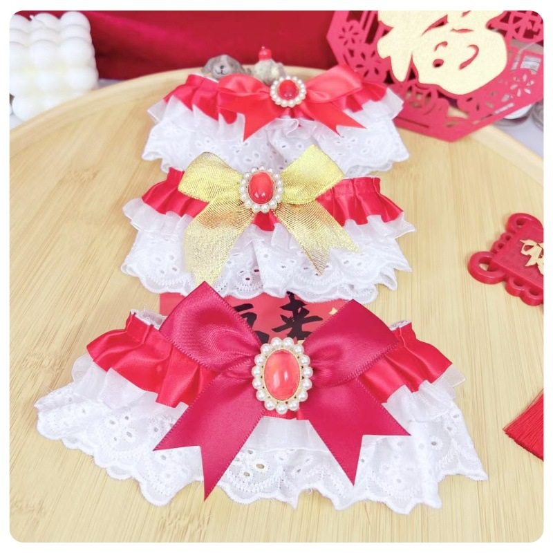 2025 Cross-Border New Festive Red Gemstone Collar Cat Elegant White Lace Collar Dog Collar