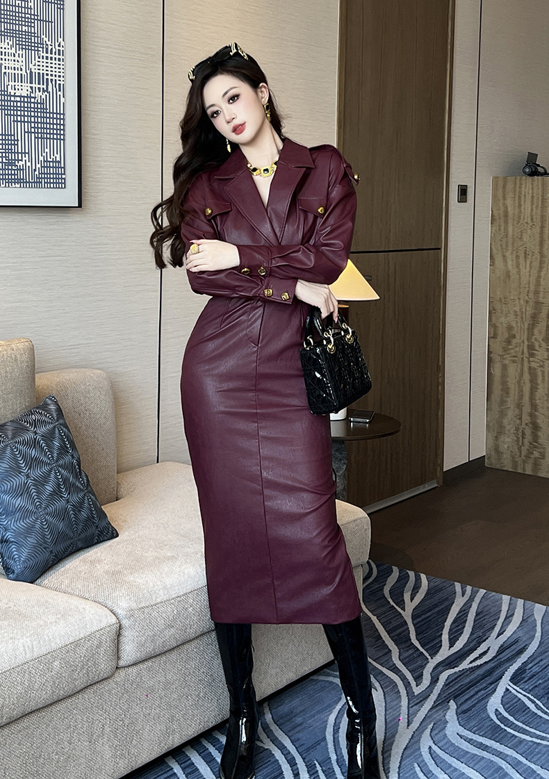 Đầm nữ dài tay cổ vest thắt eo chất liệu PU ôm body — Angola đỏ