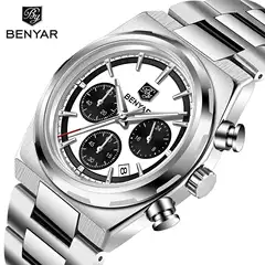 Benyar Men's Watch BY5204 Multi-Function Quartz Watch Fashion Waterproof Luminous Steel Strap Calendar Watch