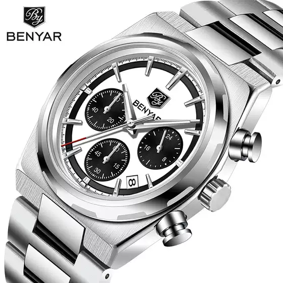 Benyar Men's Watch BY5204 Multi-Function Quartz Watch Fashion Waterproof Luminous Steel Strap Calendar Watch