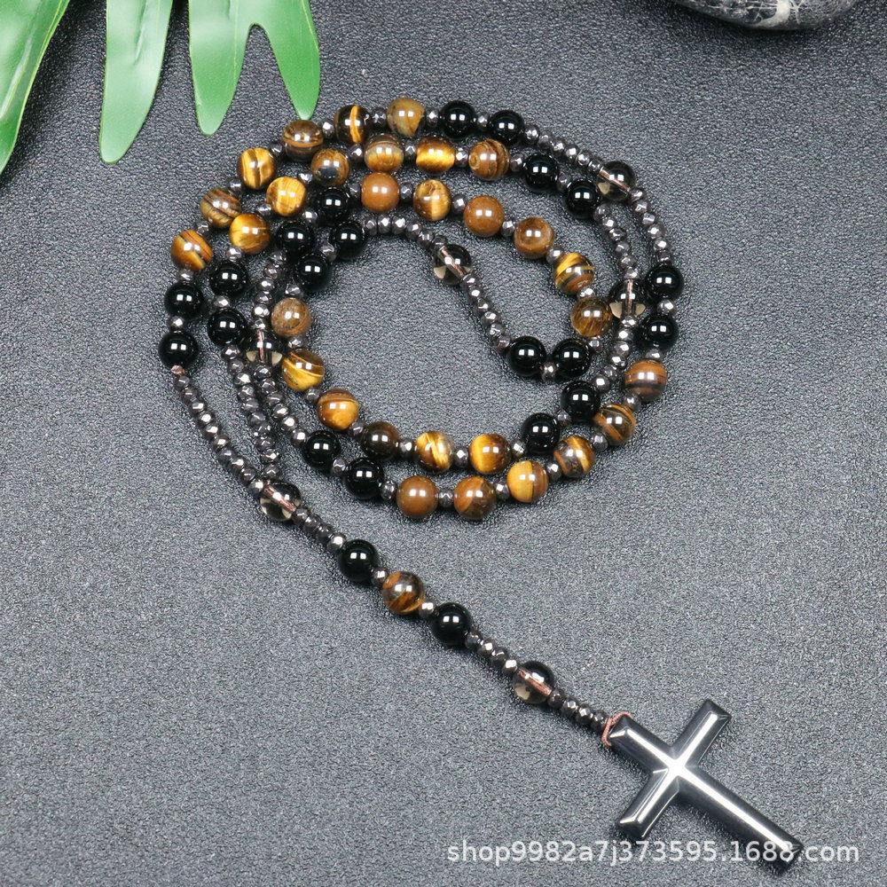 Amazon Natural Stone Cross Pendant Necklace Tiger Eye Stone Iron Gallbladder Cross Rosary for Men Necklace Wholesale